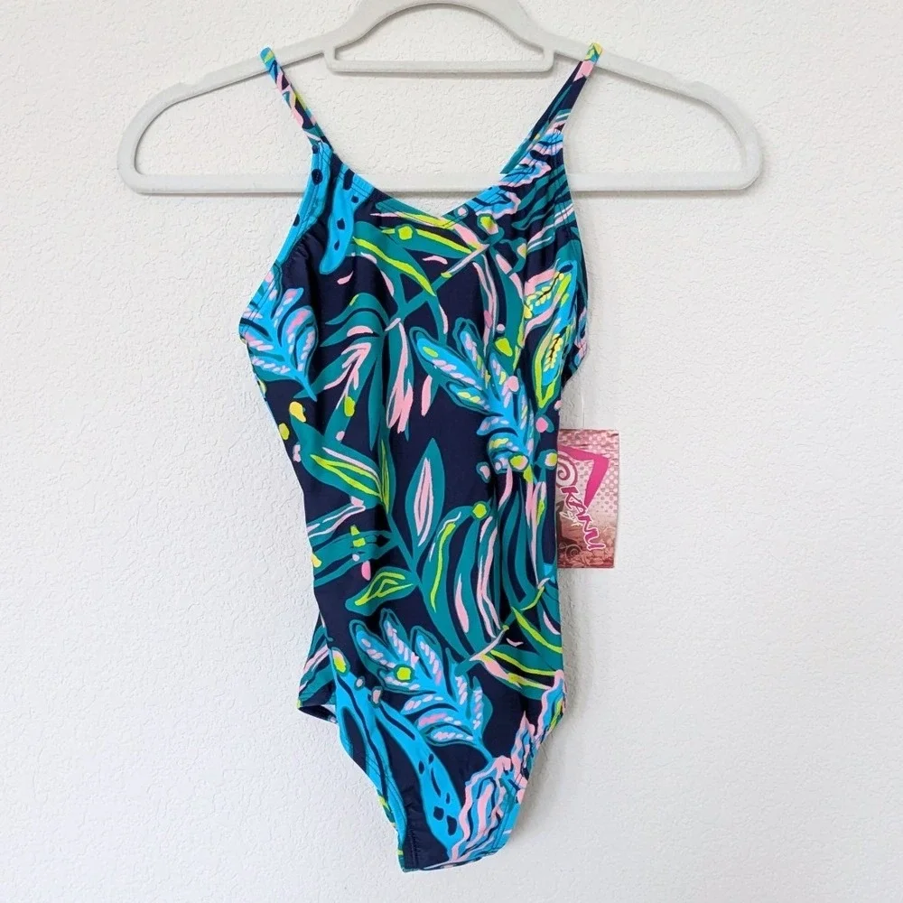 Kanu‎ Surf Tammy One Piece Swimsuit Girls 12 Navy Tropical Leaf